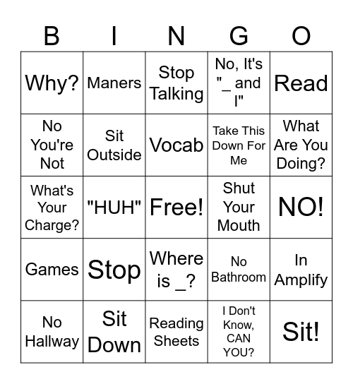 Mr. Taylor Bingo Card