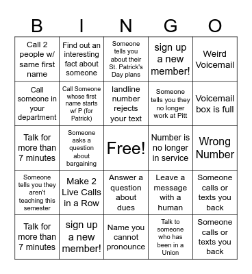 Phone Bank Bingo- St. Patty's Day Edition Bingo Card