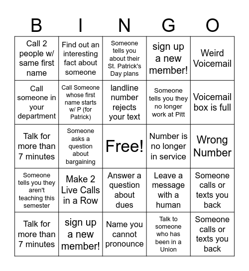 Phone Bank Bingo- St. Patty's Day Edition Bingo Card