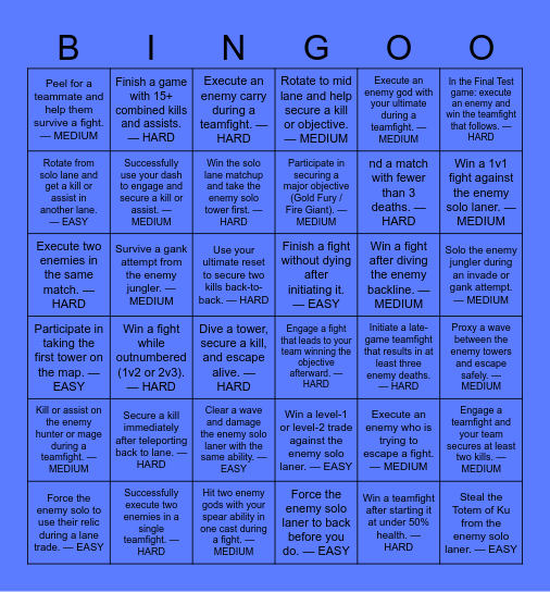 Achilles Trial Bingo Card