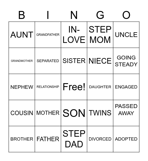 Family Bingo Card