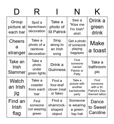 Claudia's Bach Party Bar Crawl Bingo Card