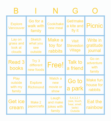 Liam's Spring Break Bingo Card