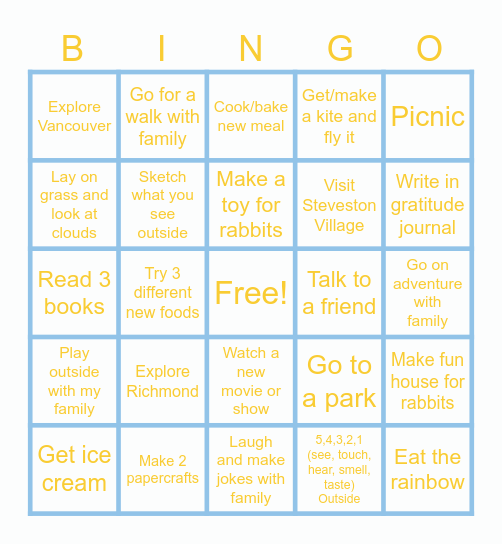 Liam's Spring Break Bingo Card