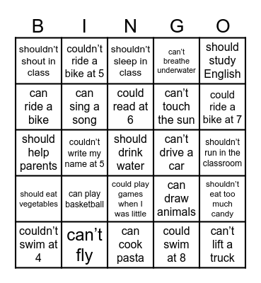 Modal Verbs Bingo Card