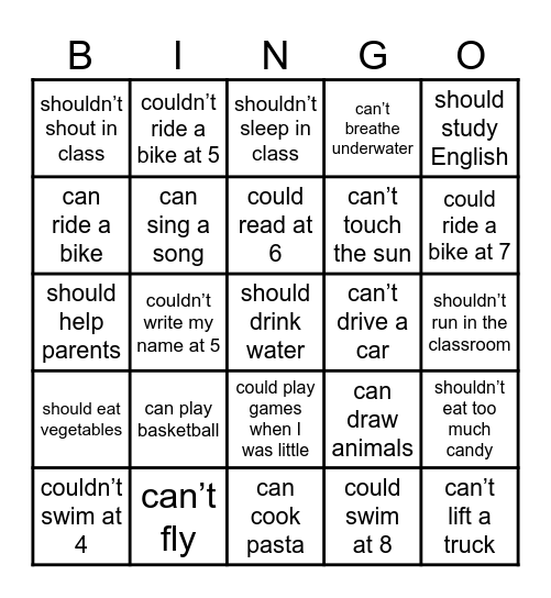 Modal Verbs Bingo Card