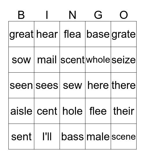 Homophones Bingo Card