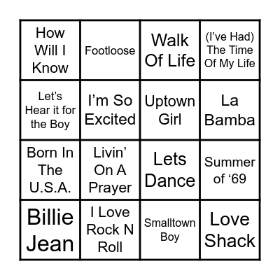 80s Music Bingo Card