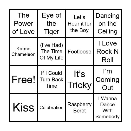 80s Music Bingo Card
