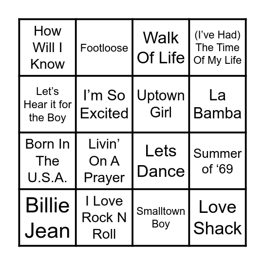 Music Bingo 80s Gen Bingo Card