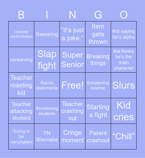 School Crashout Bingo Card