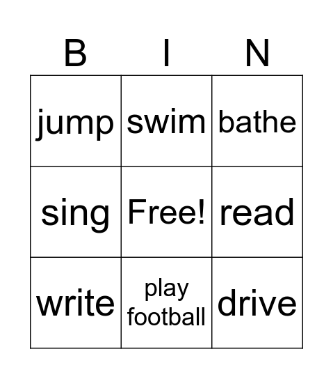 Action Verbs ESL Bingo Card