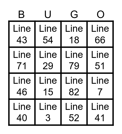 BUGO Bingo Card