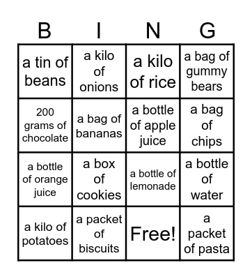 SHOPPING LIST BINGO Card