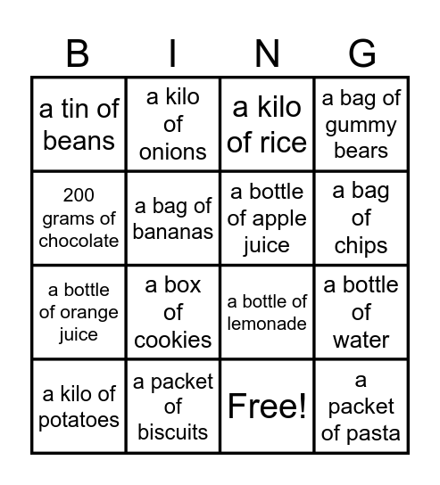 SHOPPING LIST BINGO Card