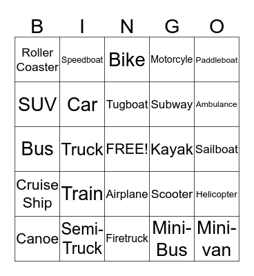 Transportation Bingo Card