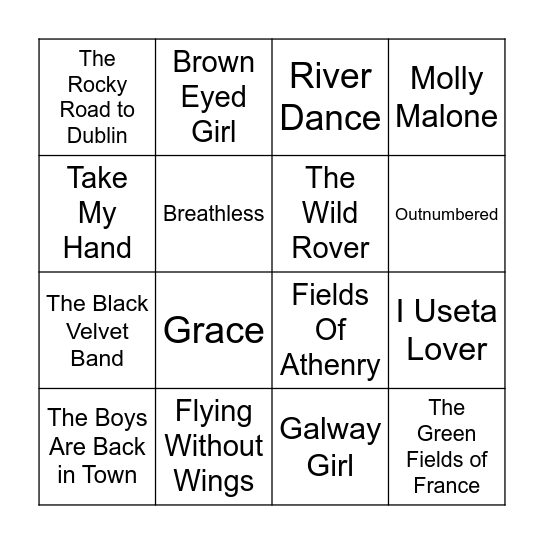 Irish Artist Music Bingo Card