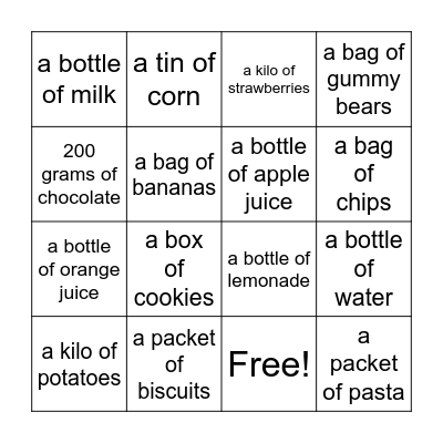 Shopping List Bingo Card