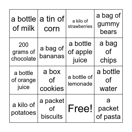 Shopping List Bingo Card