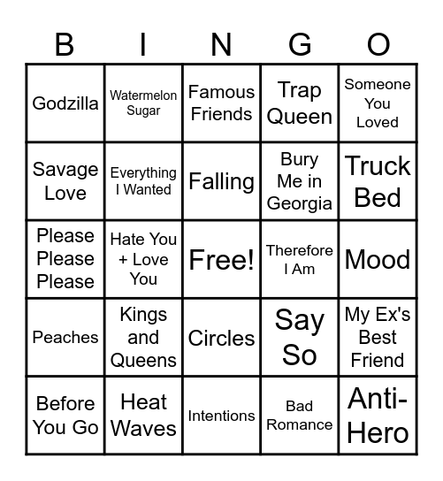 2020's Hits Bingo Card