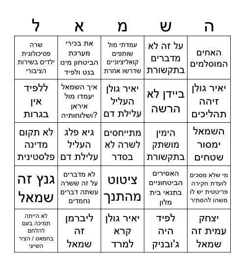 בינגו תגובת הליכוד 2026 - גרסה 1 Bingo Card