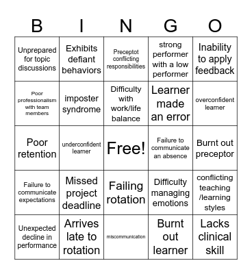 Preceptor Bingo Card