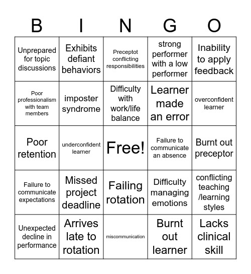 Preceptor Bingo Card