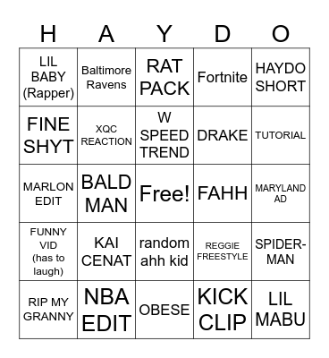 YOUTUBE SHORTS BINGO - Haydo Bingo Card