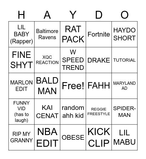 YOUTUBE SHORTS BINGO - Haydo Bingo Card