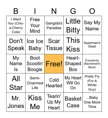 90s Music Bingo Card