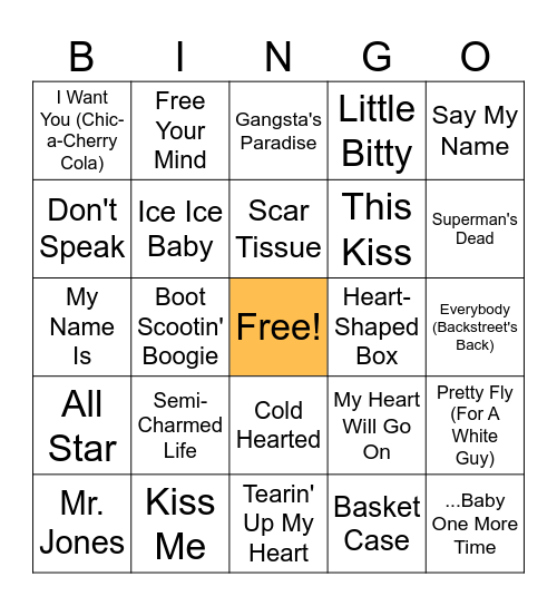 90s Music Bingo Card