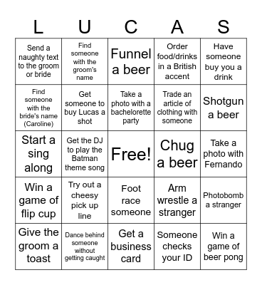 Bachelor Party Bingo Card