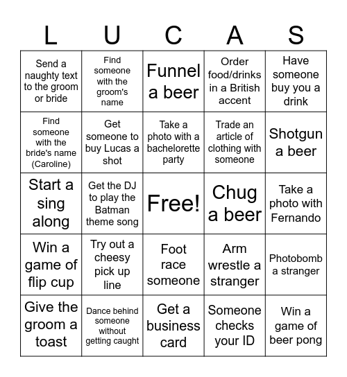 Bachelor Party Bingo Card