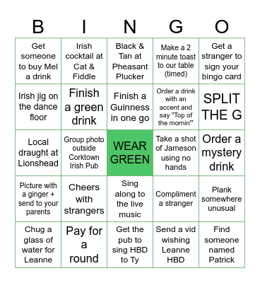 St. Paddy's Pub Crawl Bingo Card