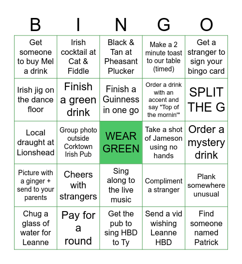 St. Paddy's Pub Crawl Bingo Card