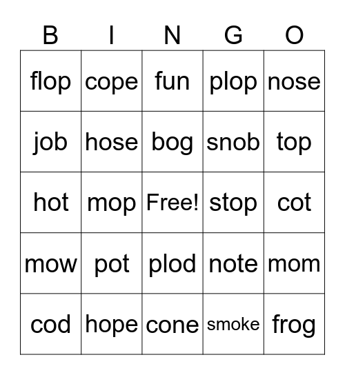 Long /o/ and Short /0/ Bingo Card