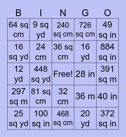 Area and Perimeter Bingo Card