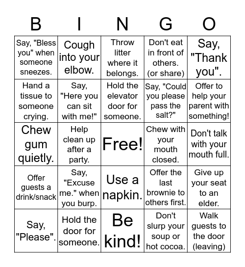 Manners Bingo Card