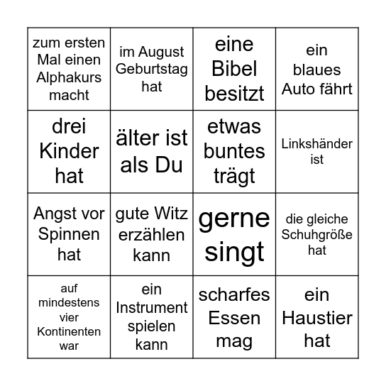 Finde jemanden der ... Bingo Card