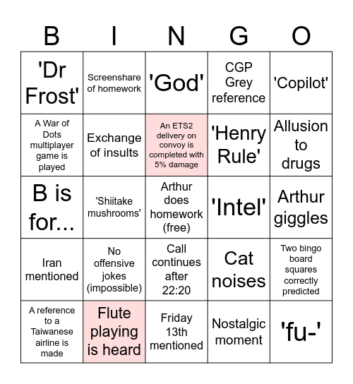 Arthur VC IV Bingo Card