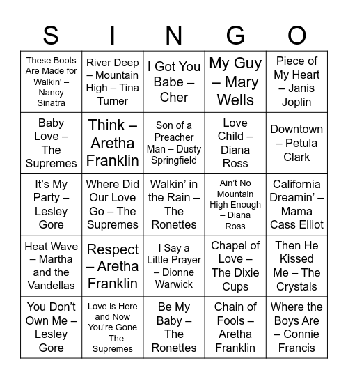 Women's Music Appreciation 60's Bingo Card