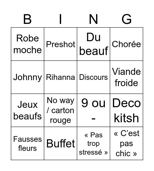 Mariage lune de miel Bingo Card