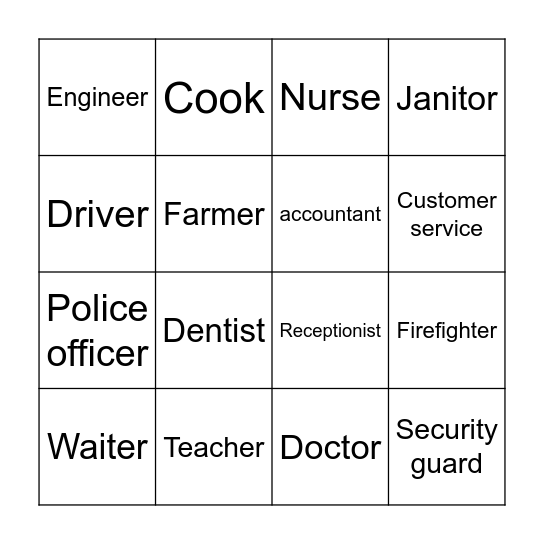 Occupations Bingo Card