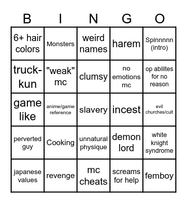 Shitty Anime Bingo Card