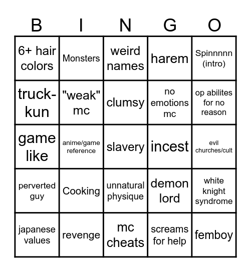 Shitty Anime Bingo Card