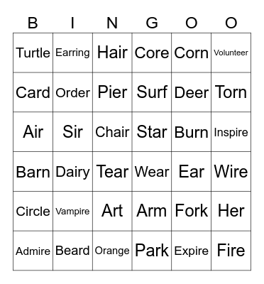 Vocalic /r/ Bingo Card
