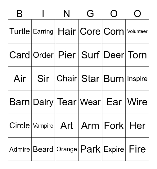 Vocalic /r/ Bingo Card