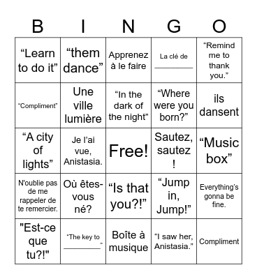 Anastasia Bingo: French Bingo Card