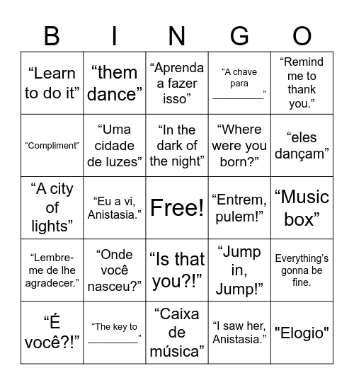 Portuguese Anastasia Bingo Card