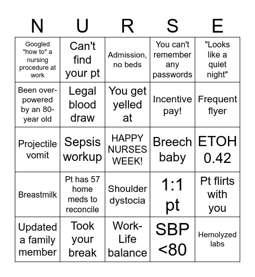 Nursing Bingo Card